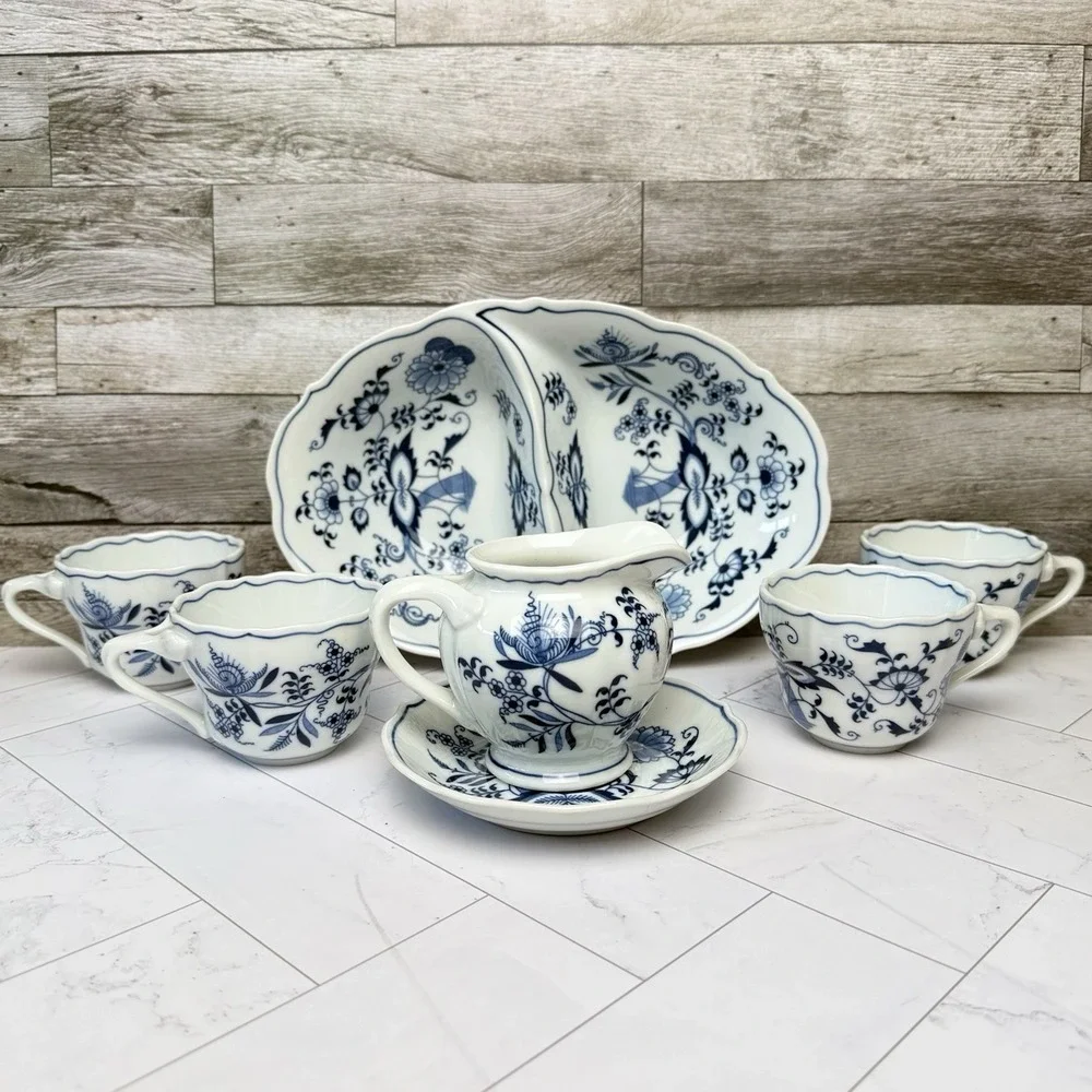 Blue Danube Blue Onion Tea Coffee Cups, Creamer And Vegetable Plate Lot Japan